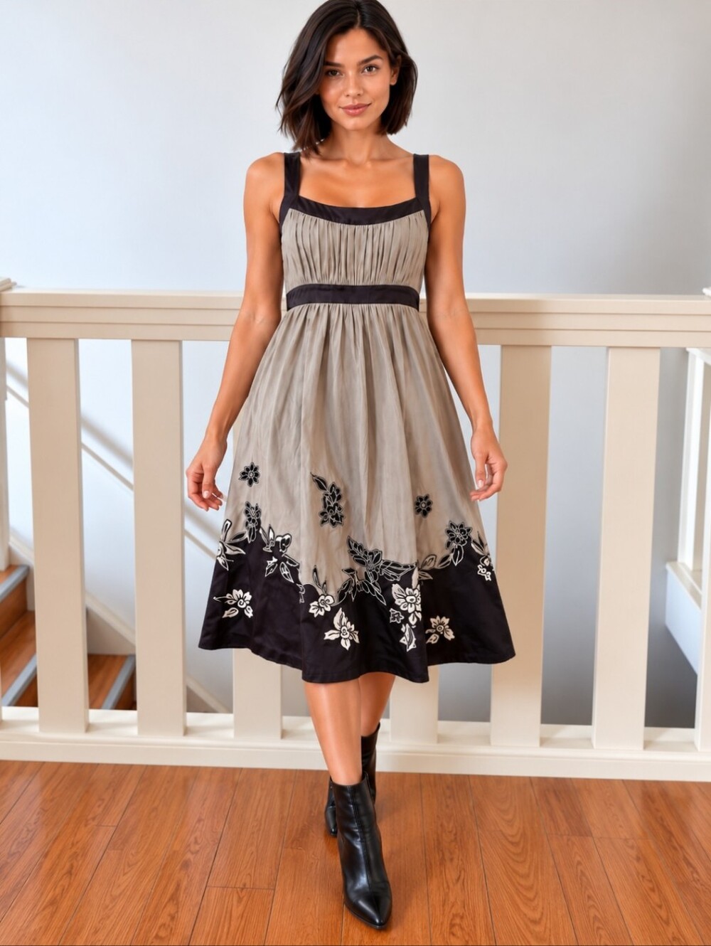 BCBGMAXAZRIA 100% Silk Taupe Embroidered Floral Fit & Flare Midi Dress